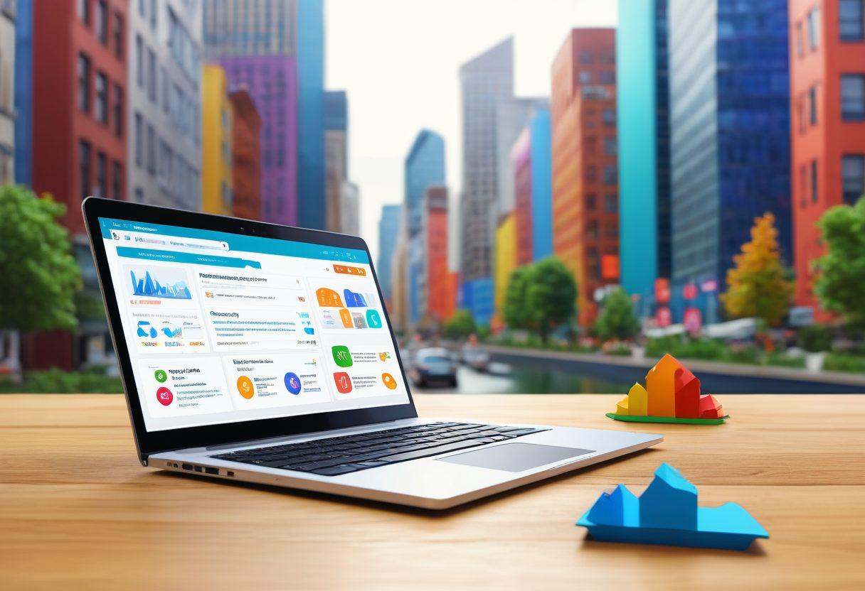 A person joyfully exploring an online insurance platform on a laptop, surrounded by colorful icons representing various insurance types such as health, auto, and home. The background includes a vibrant cityscape symbolizing accessibility and modernity, with a friendly atmosphere. Bright colors to evoke a sense of optimism and knowledge. super-realistic. vibrant colors. 3D.